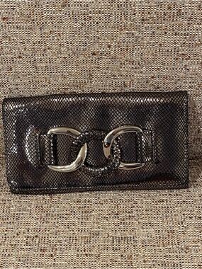 Vintage Brand New MK Black Metallic Snakeskin-Effect Clutch with Silver Buckle